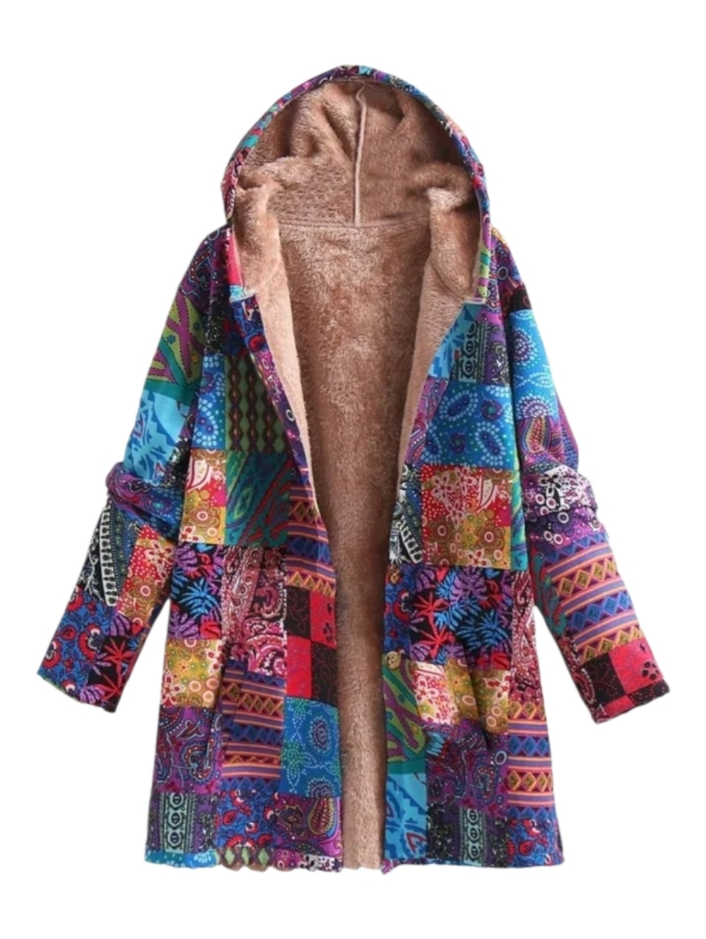 Patchwork hippie boho‎ fuzzy hemp hooded coat jacket 2X